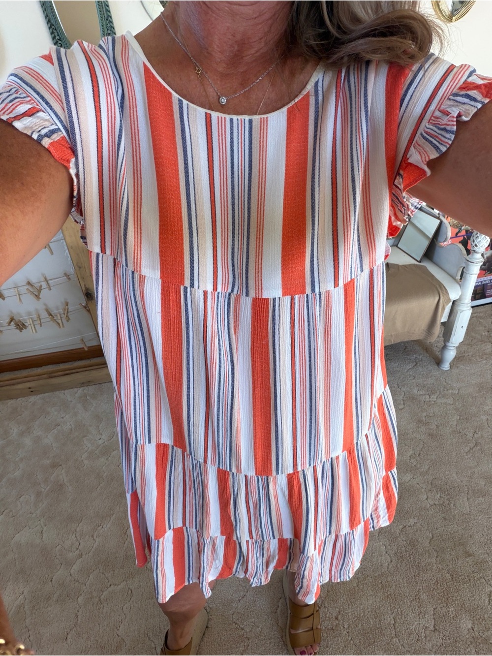 Gameday! Striped Orange and White Tiered Short Sleeve Dress- S